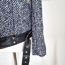 Load image into Gallery viewer, NEW Capsule Tweed Biker Jacket Faux Leather Quilted Navy Black Wool Mix Bomber 12 14
