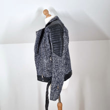 Load image into Gallery viewer, NEW Capsule Tweed Biker Jacket Faux Leather Quilted Navy Black Wool Mix Bomber 12 14
