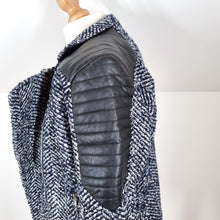 Load image into Gallery viewer, NEW Capsule Tweed Biker Jacket Faux Leather Quilted Navy Black Wool Mix Bomber 12 14
