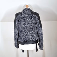 Load image into Gallery viewer, NEW Capsule Tweed Biker Jacket Faux Leather Quilted Navy Black Wool Mix Bomber 12 14
