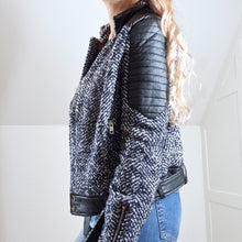 Load image into Gallery viewer, NEW Capsule Tweed Biker Jacket Faux Leather Quilted Navy Black Wool Mix Bomber 12 14
