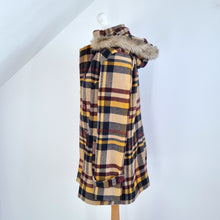 Load image into Gallery viewer, Tiffany Check Pea Coat Hooded Plaid Duffle Burgundy Mustard Beige Fur Trim XL
