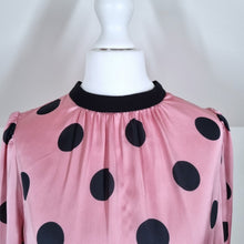 Load image into Gallery viewer, Zara Blouse Satin Polka Dots Pink Black High Neck 3/4 Sleeve Top Retro 50s Small
