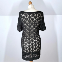 Load image into Gallery viewer, Mint Velvet Dress Crochet Tunic Top Mini Black Shimmery Fan Pattern Bardot 8
