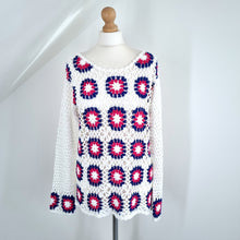 Load image into Gallery viewer, Handmade Crochet Jumper Granny Squares White Scoop Neck Lightweight Knit L XL
