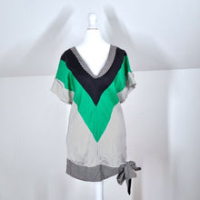 Load image into Gallery viewer, Zara Woman Blouse 100% Silk Colourblock 80s V Neck Polka Dot Striped Green XS
