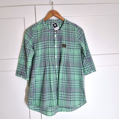 G-Star Raw Shirt Women's Plaid Check 3/4 Sleeves Pleated Green Navy Blouse XS