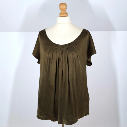 DKNY Top Silk Khaki Blouse Smock Pockets Pleated Short Sleeve Slouchy 90s Y2K 10