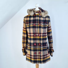 Load image into Gallery viewer, Tiffany Check Pea Coat Hooded Plaid Duffle Burgundy Mustard Beige Fur Trim XL
