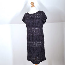 Load image into Gallery viewer, Jigsaw Dress Crinkle Black Crochet Shift Tunic Pleated Party Knee Length Small
