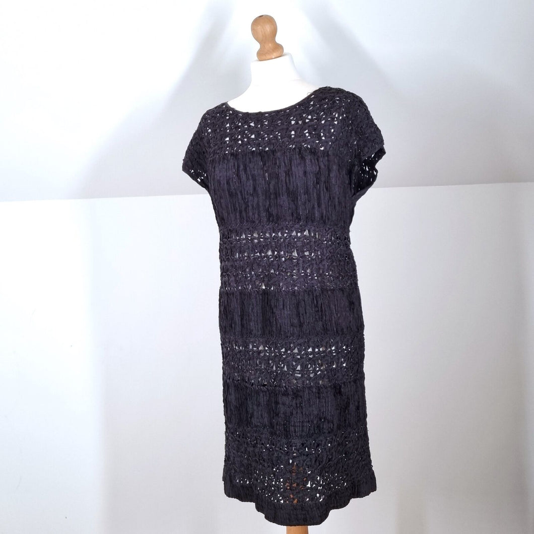 Jigsaw Dress Crinkle Black Crochet Shift Tunic Pleated Party Knee Length Small