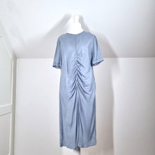 Load image into Gallery viewer, Zara Woman Dress Ruched Blue Front Slit Cocktail Short Sleeves Faux Silk Medium
