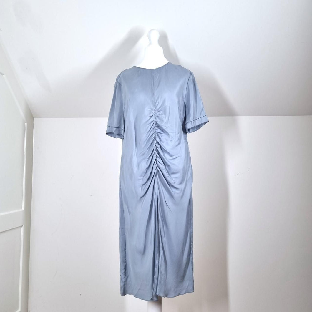 Zara Woman Dress Ruched Blue Front Slit Cocktail Short Sleeves Faux Silk Medium