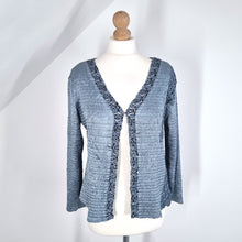 Load image into Gallery viewer, East Crinkle Cardigan Blouse Open Blue Sequins Sparkly Long Sleeves Coverup M L
