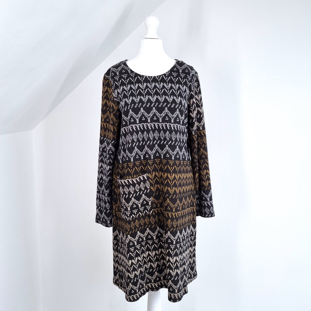 Gudrun Sjoden Dress Tunic Woven Cotton Lagenlook Aztec Long Sleeves Pocket Small