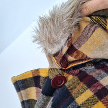 Load image into Gallery viewer, Tiffany Check Pea Coat Hooded Plaid Duffle Burgundy Mustard Beige Fur Trim XL
