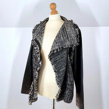 Load image into Gallery viewer, Vince Jacket Leather Boucle Biker Real Lamb Sleeves Wool Black Tweed Large
