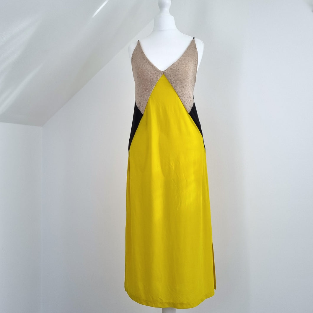 Zara Slip Dress Midi Yellow Colourblock Strappy Party Evening Deep V Neck Small