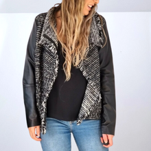 Load image into Gallery viewer, Vince Jacket Leather Boucle Biker Real Lamb Sleeves Wool Black Tweed Large
