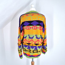 Load image into Gallery viewer, Jumper Multicoloured Bright Birds Aztec Funky Chunky Knit Wool Blend Large
