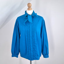 Load image into Gallery viewer, Vintage Jaeger Blouse 70s 100% Wool Royal Blue Pussy Bow Tie Pleated Boxy 10 12
