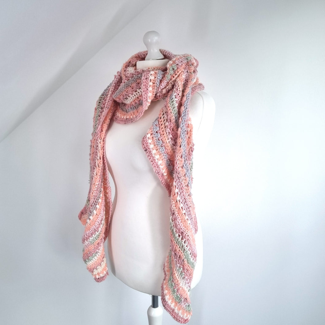 Handmade Crochet Scarf Shawl Oversized Rose Pink Pastel Wavy Mixed Stitches Boho