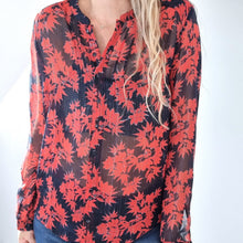 Load image into Gallery viewer, Hush Blouse Floral Print Red Shimmer Shirt Semi Sheer Chic Mandarin Collar 12
