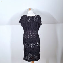 Load image into Gallery viewer, Jigsaw Dress Crinkle Black Crochet Shift Tunic Pleated Party Knee Length Small
