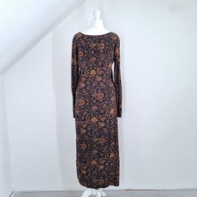 Load image into Gallery viewer, Peruvian Connection Dress Midi Long Sleeves Floral Cotton Jersey Stretch Small
