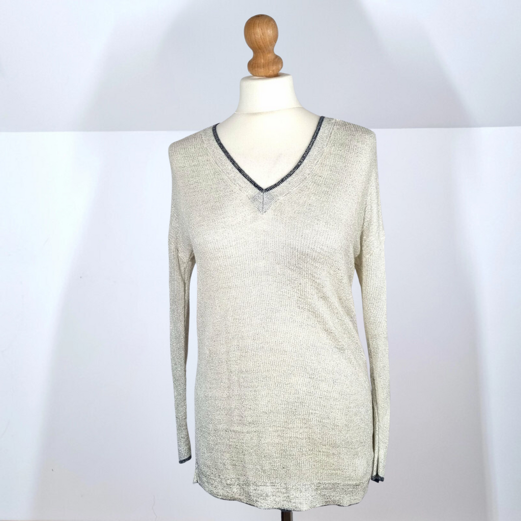 Boden Jumper Linen Blend Lightweight Metallic Grey Silver V Neck Knit Preppy 12