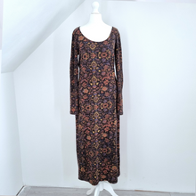 Load image into Gallery viewer, Peruvian Connection Dress Midi Long Sleeves Floral Cotton Jersey Stretch Small
