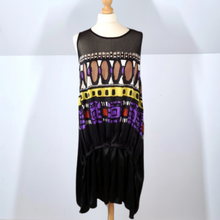 Load image into Gallery viewer, Didier Parakian Dress 100% Silk Black Drop Waist Hitched Tunic Bright Print 10
