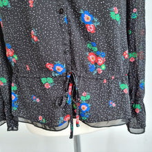 Load image into Gallery viewer, Hush Blouse Floral Print Chiffon Black Long Sleeves Adjustable Waist Top 12
