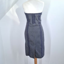 Load image into Gallery viewer, Karen Millen Denim Dress Strapless Corset Back Bodycon Party Blue Pinstriped 12
