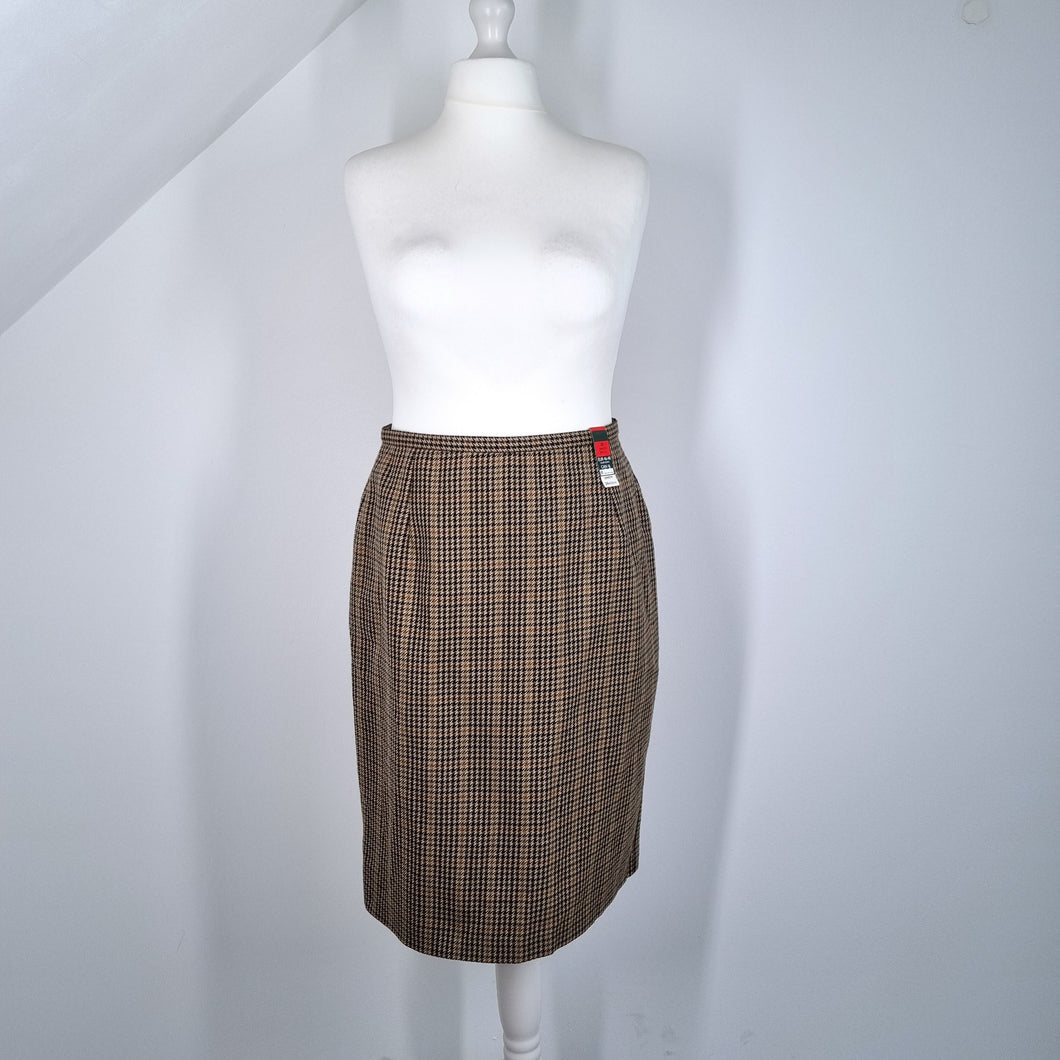 Vintage St Michael Skirt Deadstock Check Pure Wool Pencil Brown 90s 18 Fit 14