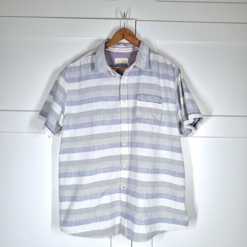 Mantaray Men's Shirt 100% Cotton Striped Short Sleeves Blue Cream Casual XL