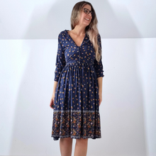 Load image into Gallery viewer, Manoush Dress A Line Wool Blend Smock Navy 3/4 Sleeves Boho Stretch Knee 14
