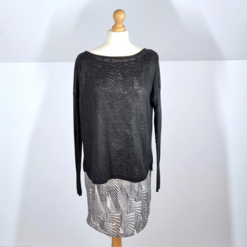 Mint Velvet Jumper Linen Layered Effect Tunic Blouse Black Grey Fine Knit Top 10