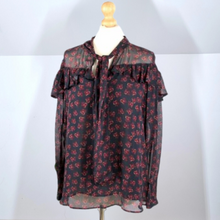 Load image into Gallery viewer, Finery Blouse Pussy Bow Floral Print Navy Ruffles Tie Neck Top Boho Work 10
