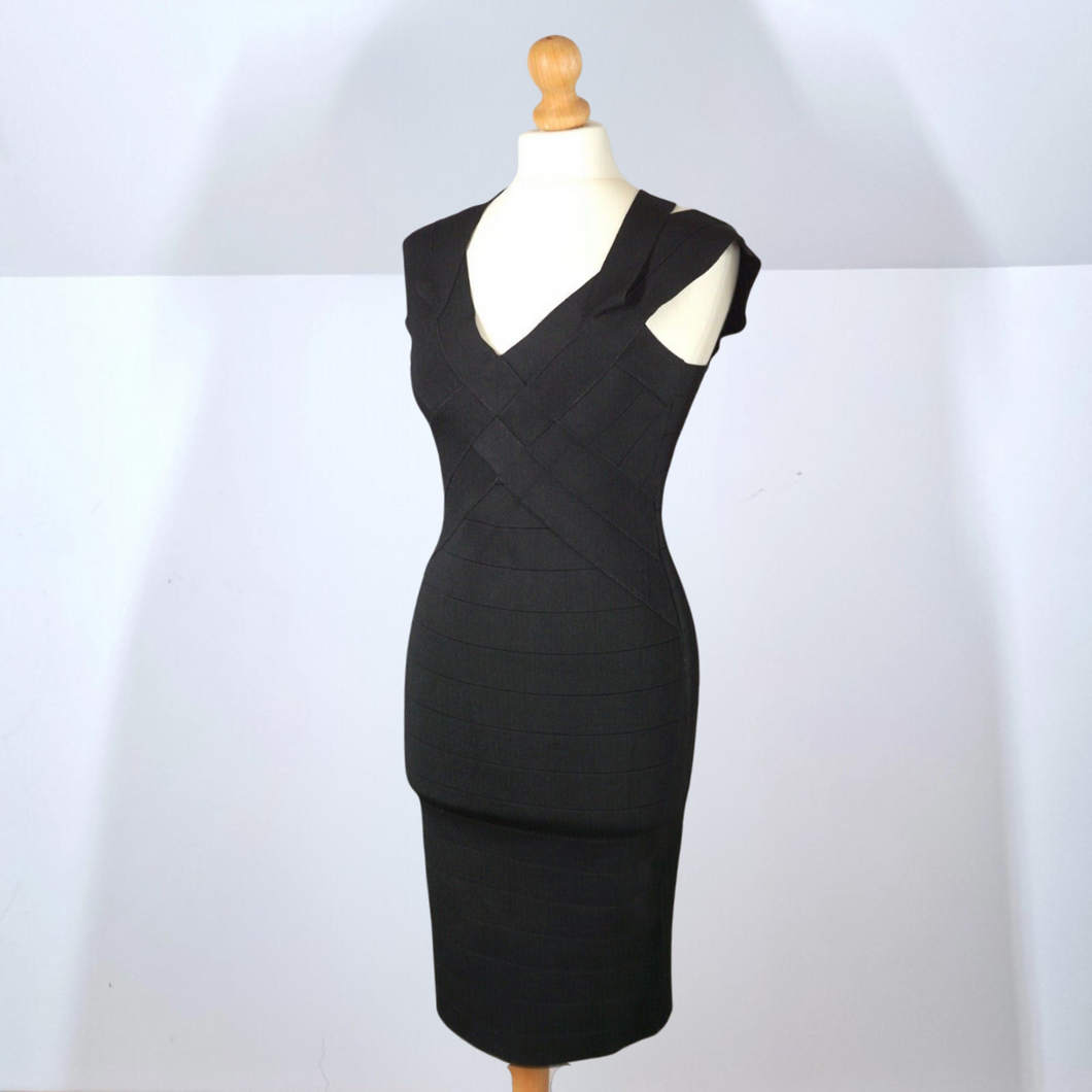 Karen Millen Bandage Dress Bodycon Black Stretch Party Cocktail Knee Length 10