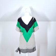 Load image into Gallery viewer, Zara Woman Blouse 100% Silk Colourblock 80s V Neck Polka Dot Striped Green XS
