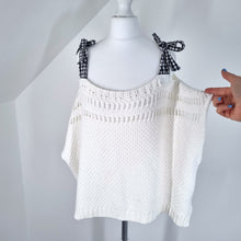 Load image into Gallery viewer, Anthropologie Maeve Jumper Crochet Gingham Bow Cold Shoulder White Cotton Small
