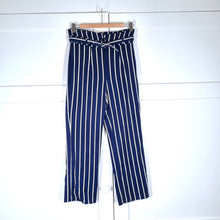 Load image into Gallery viewer, Reformation Trousers Paper Bag Belted Striped High Waist Pants Navy Blue UK 8
