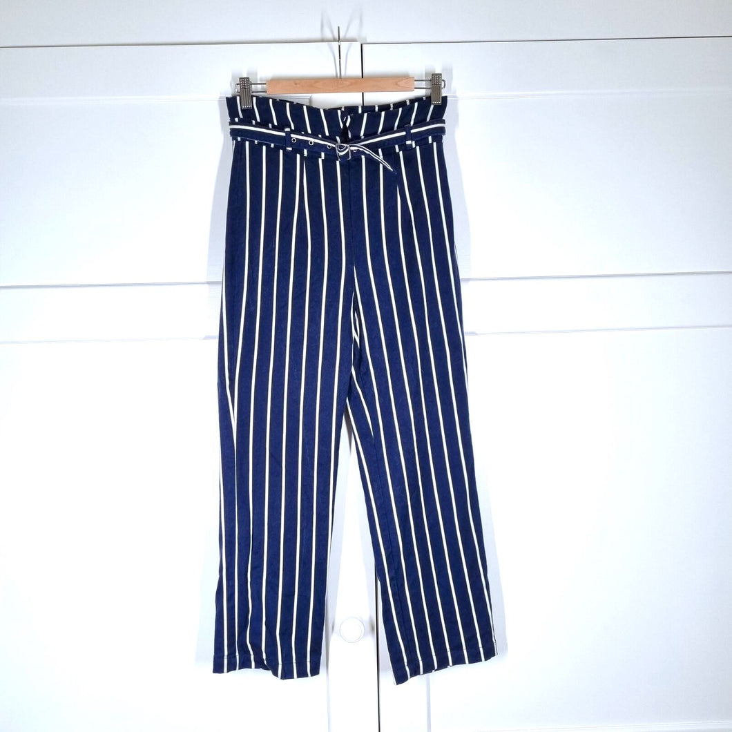 Reformation Trousers Paper Bag Belted Striped High Waist Pants Navy Blue UK 8