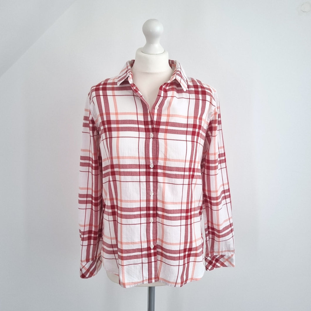 Barbour Check Shirt Women's Red White Plaid Shoreline Cotton Relaxed Fit Top 10