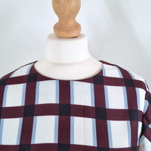 Load image into Gallery viewer, Hobbs Blouse Burgundy Boxy Check Print White Top Long Sleeves Work Smart 10
