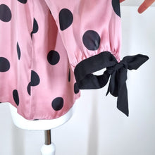 Load image into Gallery viewer, Zara Blouse Satin Polka Dots Pink Black High Neck 3/4 Sleeve Top Retro 50s Small
