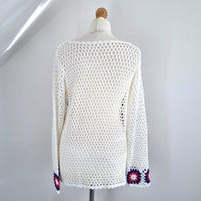 Load image into Gallery viewer, Handmade Crochet Jumper Granny Squares White Scoop Neck Lightweight Knit L XL
