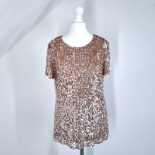 Load image into Gallery viewer, French Connection Sequin T-shirt Top Mesh Beige Embellished Party Lined 8
