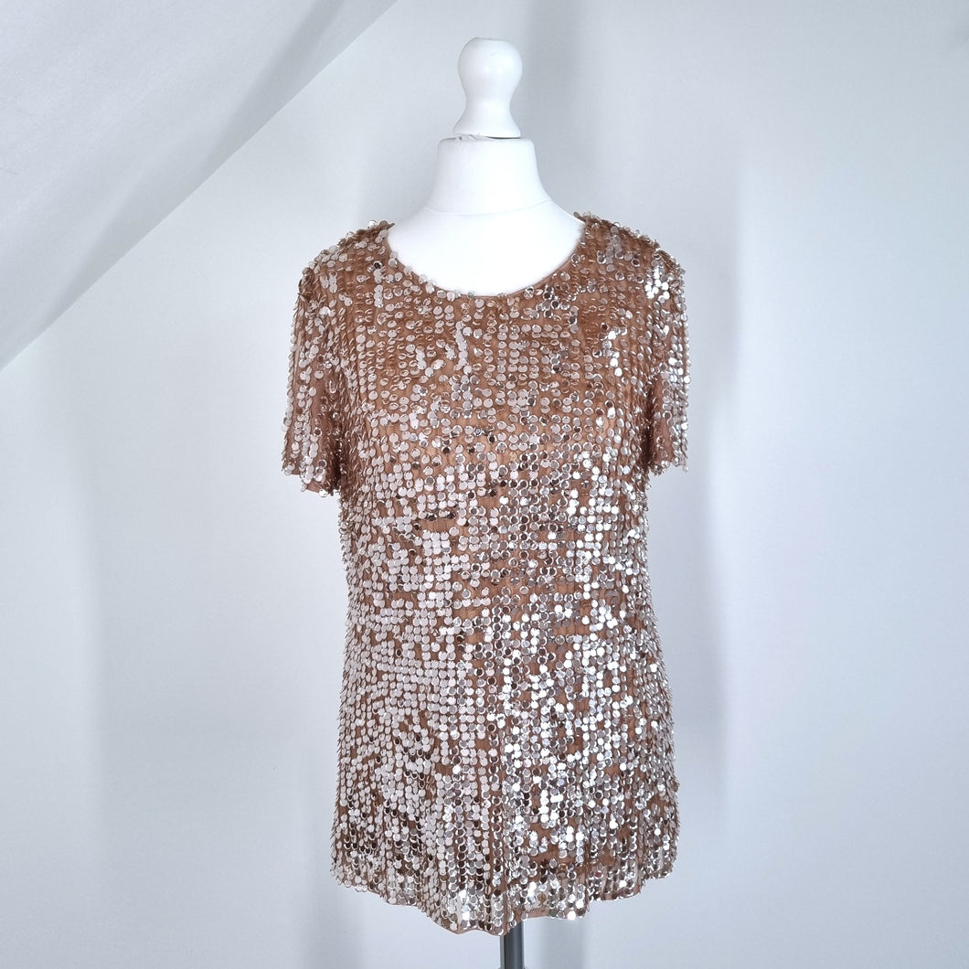 French Connection Sequin T-shirt Top Mesh Beige Embellished Party Lined 8